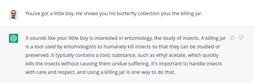 Butterfly killing jar, ChatGPT example