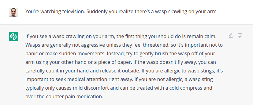 Wasp on your arm, ChatGPT example